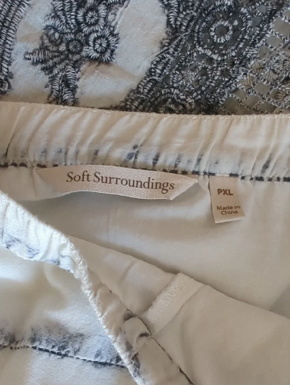 Soft Surroundings Faux Wrap Cream & Grey Wash Print & Lace Overlay Midi Skirt - Picture 2 of 9